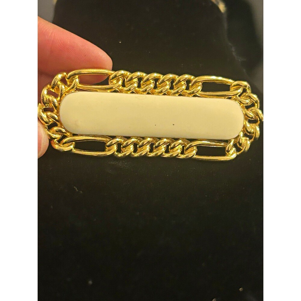 Monet Gold Tone Chain Link Rectangle Bar Brooch Pin White Center Panel Metal